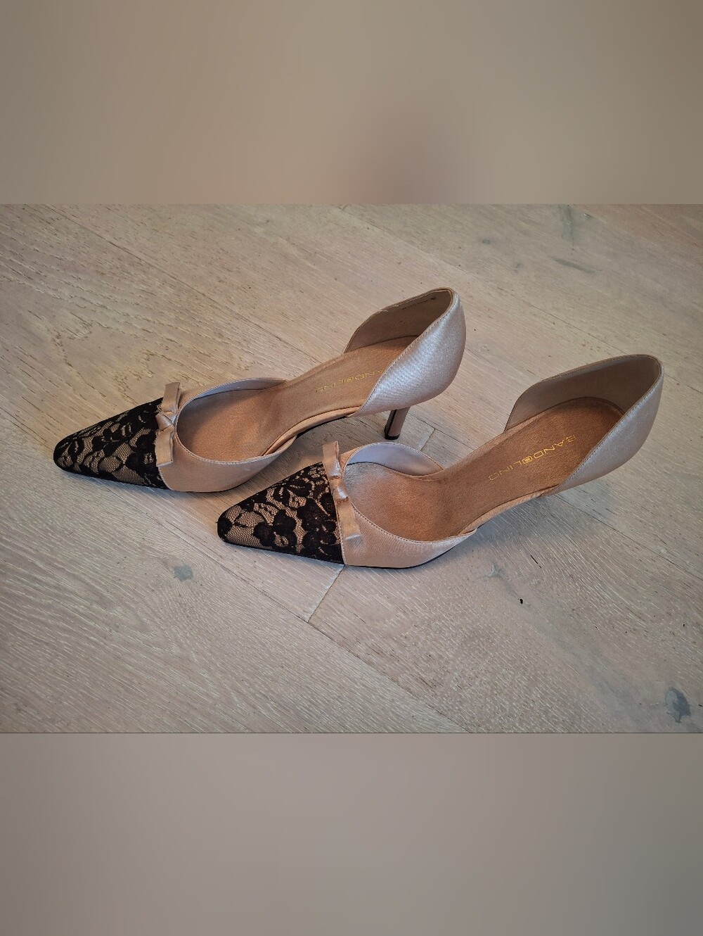 Bandolino Champagne Satin D'Orsay Heels with Black Lace Pointed Toe